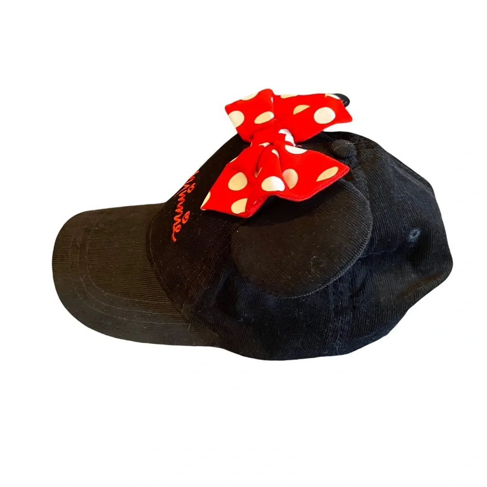 Disney Minnie Mouse Corduroy Hat Cap Girl’s Black Red Polka Dot Bow Ears One Sz